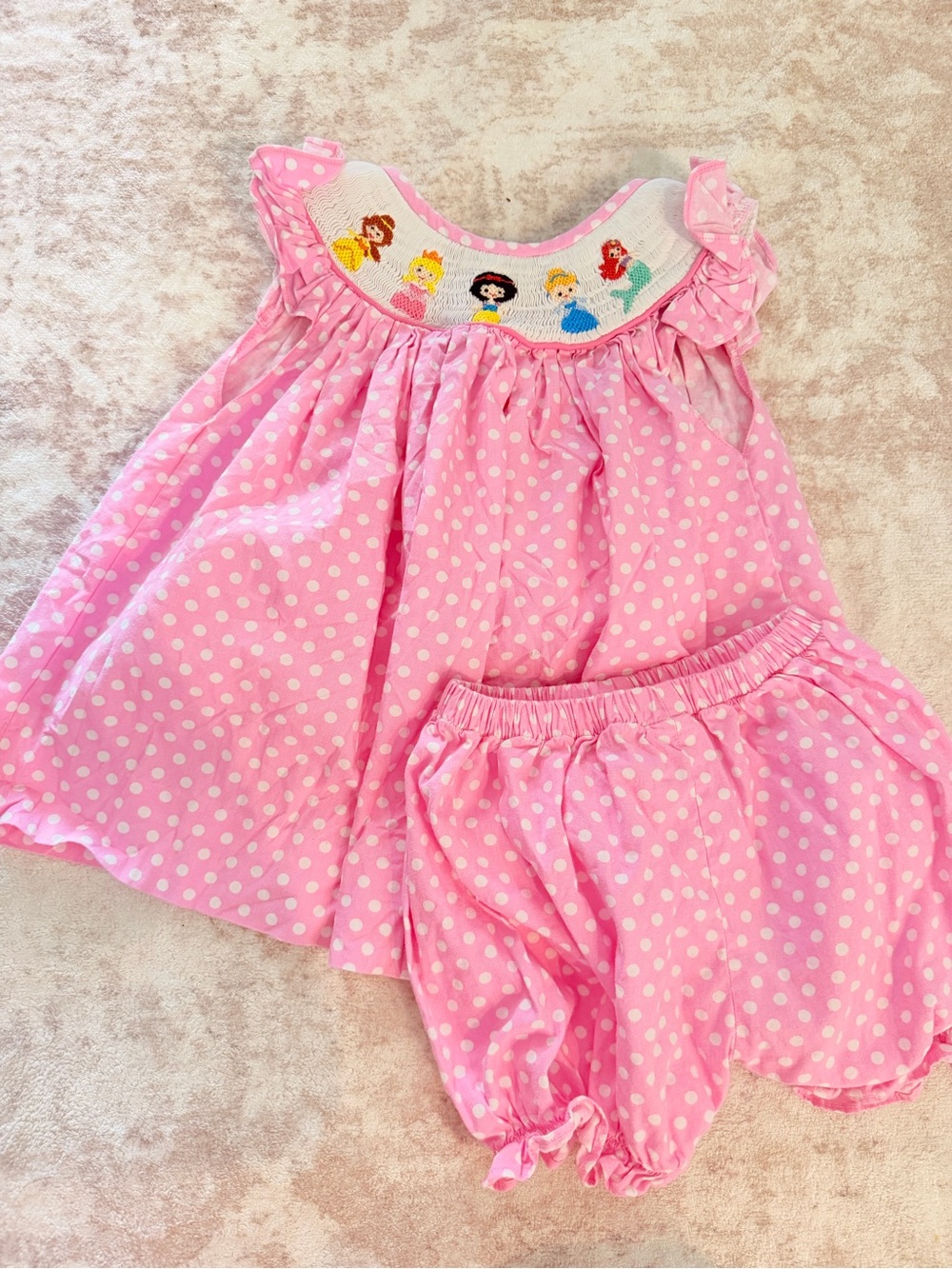 Girls' Pink Polka Dot Smocked Dress & Bloomers Set with Princess Embroidery
